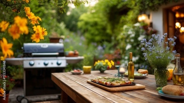 Obraz Outdoor dining setup with grilled vegetables on a wooden table surrounded by vibrant flowers