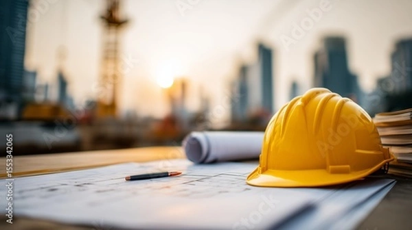 Obraz Builder's Day celebration at construction site with plans, helmet, and skyline views during sunset