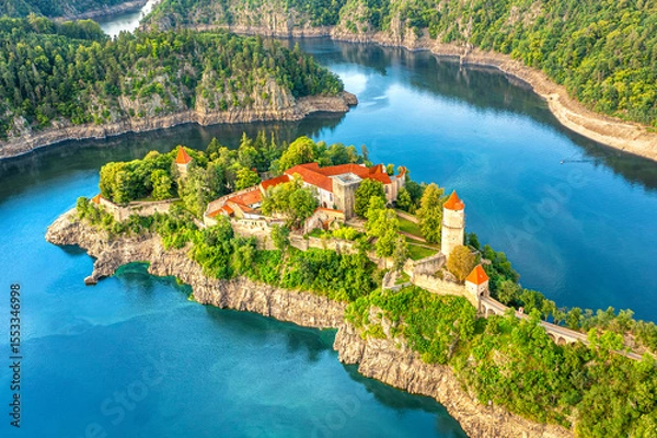 Obraz Zvikov Castle on the Orlicka Dam in South Bohemia. The castle is located at the confluence of the Vltava and Otava rivers, Czech Republic