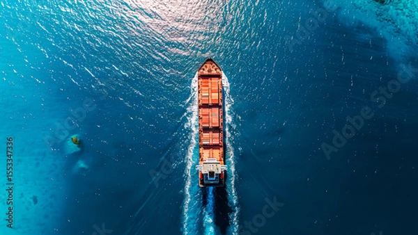Fototapeta Top-down drone shot of cargo ship navigating clear ocean waters