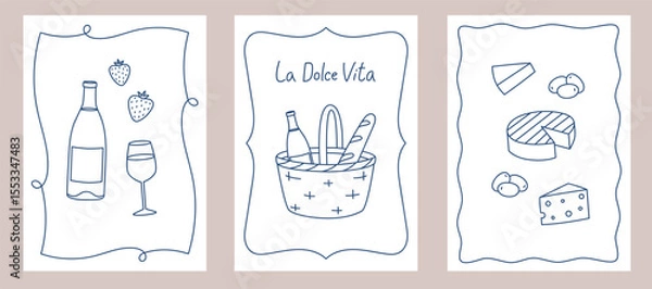 Obraz Set of posters with hand drawn outline wicker picnic basket, wine bottle and cheeses. Templates for invitation, menu design, wall art print decor. Vector illustration