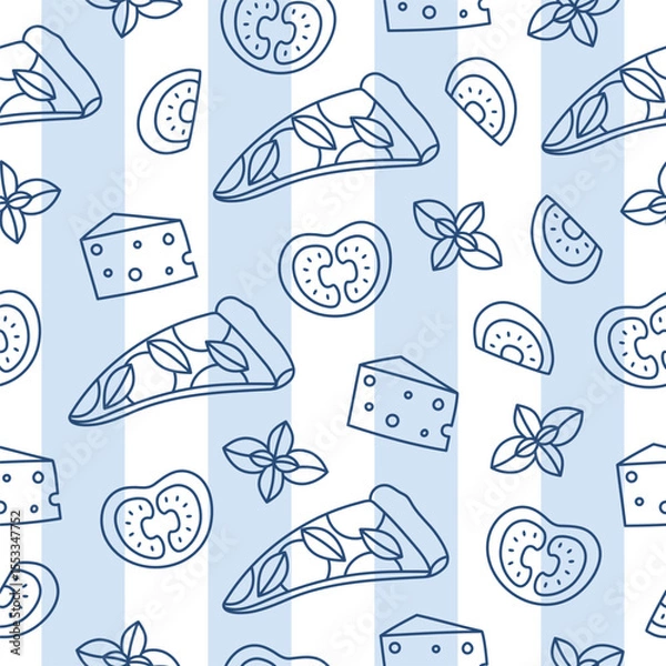 Obraz Seamless pattern with hand drawn outline pizza, cheese and tomato on white and blue stripes. Doodle drawing for print, menu design, poster, banner. Vector illustration