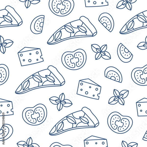 Obraz Hand drawn outline pizza, cheese and tomato seamless pattern. Doodle drawing for print, menu design, poster, banner. Vector illustration