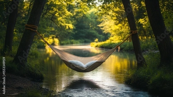 Obraz A hammock tied between two trees on the riverbank, overlooking a calm water surface with soft reflections of the surrounding forest.