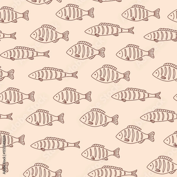 Obraz Seamless pattern with hand drawn brown outline grilled fish on pink background. Doodle drawing for menu design, print, poster, banner. Vector illustration