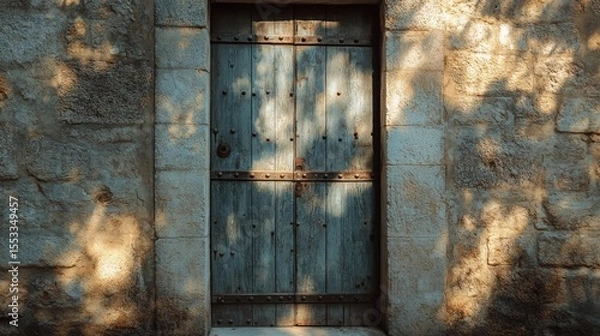 Obraz A vintage door with iron strips placed over wooden panels, embedded in the stone structure of an old house, with sunlight casting shadows on the textured surface.