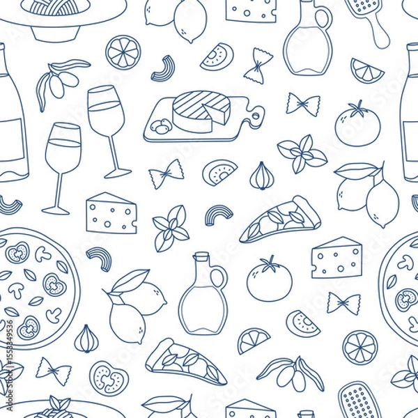 Obraz Hand drawn outline mediterranean food seamless pattern. Doodle drawing for print, menu design, poster, banner. Vector illustration