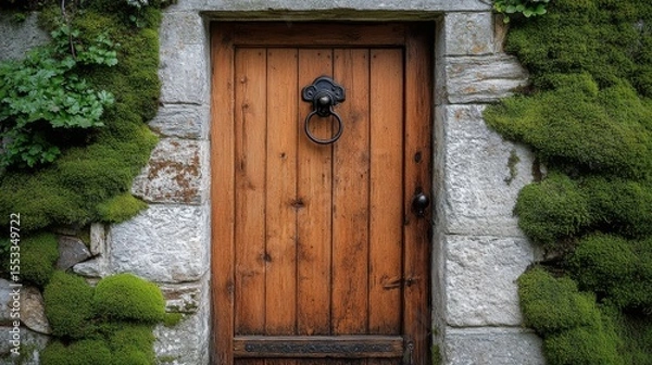 Obraz A vintage wooden door with a rustic iron knocker, set against the stone facade of an old house, surrounded by natural textures like moss and weathered stone