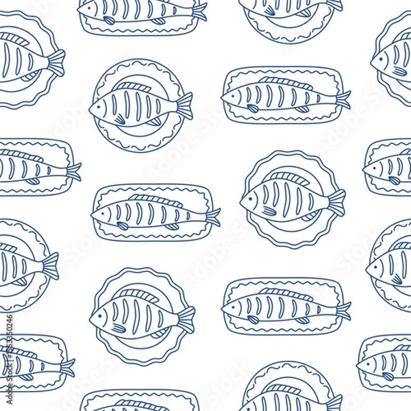 Obraz Seamless pattern with hand drawn blue outline grilled fish on the plates. Doodle drawing for menu design, print, poster, banner. Vector illustration