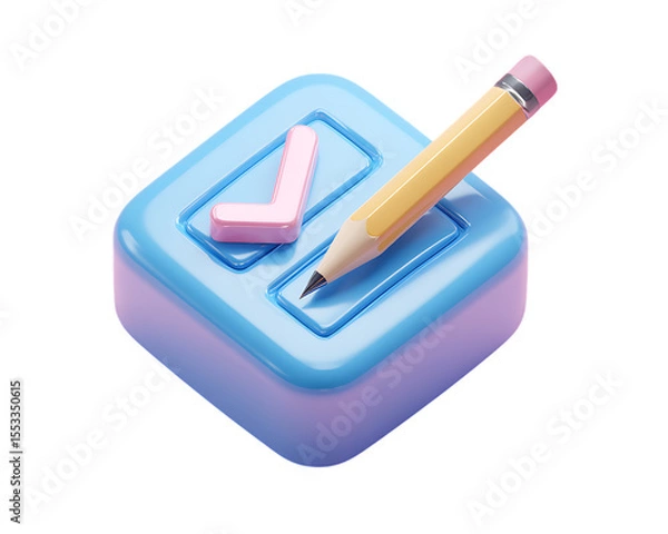Fototapeta 3D icon of a blue document with a checklist and pencil.