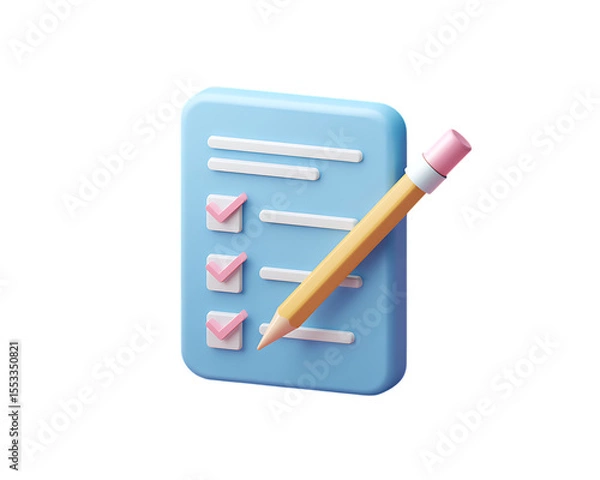 Fototapeta 3D icon of a blue document with a checklist and pencil.