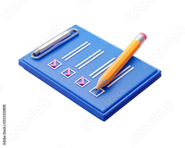 Fototapeta 3D icon of a blue document with a checklist and pencil.