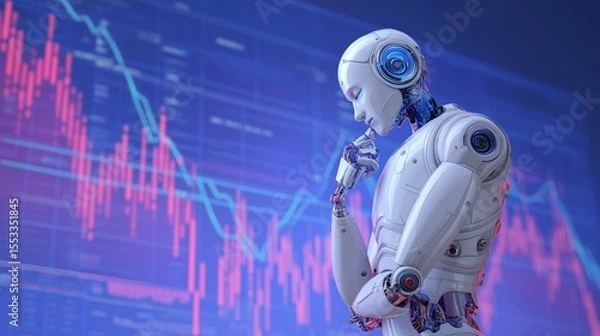 Fototapeta 3D rendering of a humanoid robot working with forex chart, stock market data.