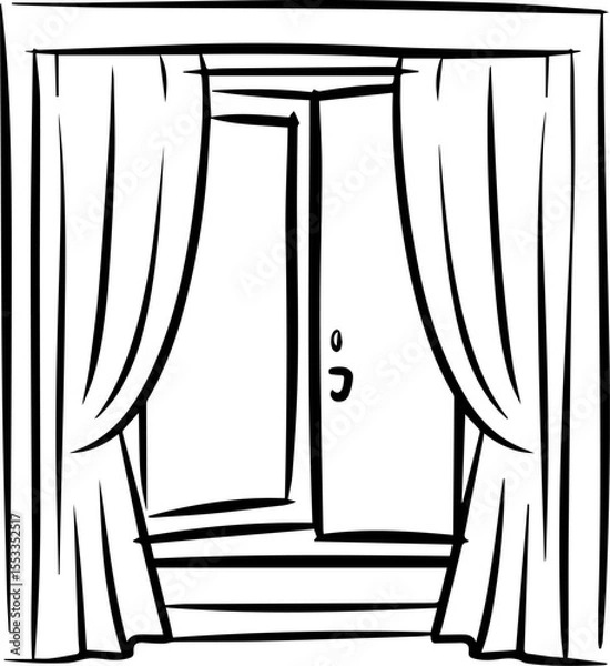 Fototapeta open window with curtains outline coloring book page line art vector illustration
