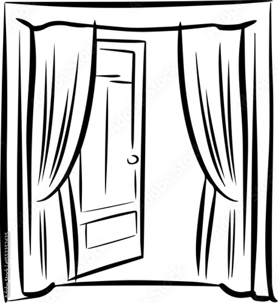 Fototapeta open window with curtains outline coloring book page line art vector illustration