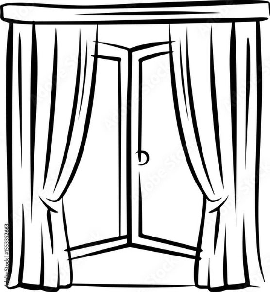 Fototapeta open window with curtains outline coloring book page line art vector illustration