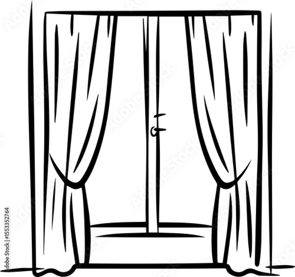 Fototapeta open window with curtains outline coloring book page line art vector illustration