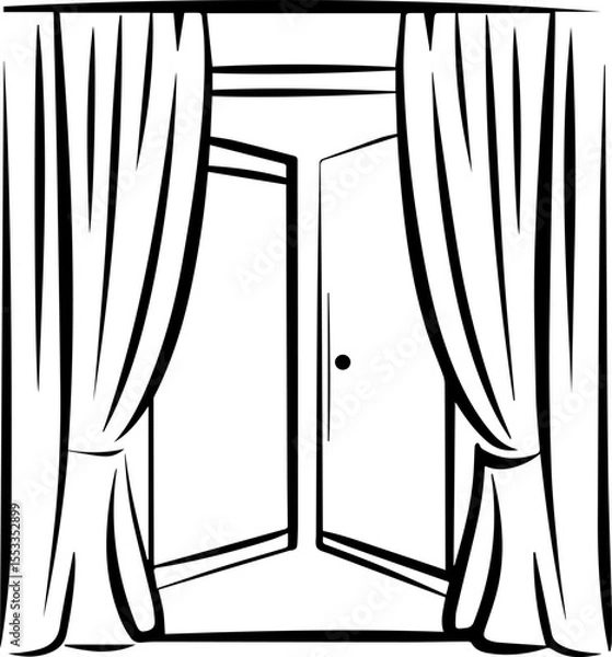 Fototapeta open window with curtains outline coloring book page line art vector illustration
