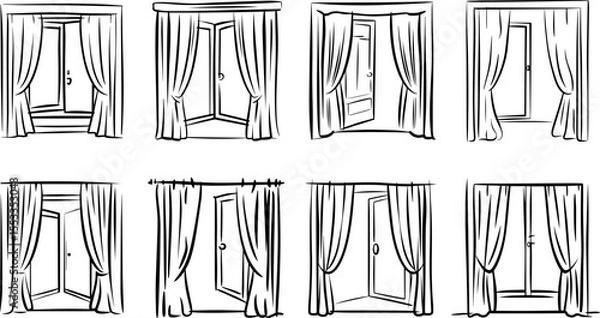 Fototapeta Set of open window with curtains outline coloring book page line art vector illustration