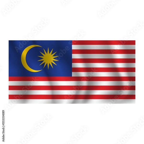 Fototapeta Flag of Malaysia wavy flutters in wind, with folds 3d