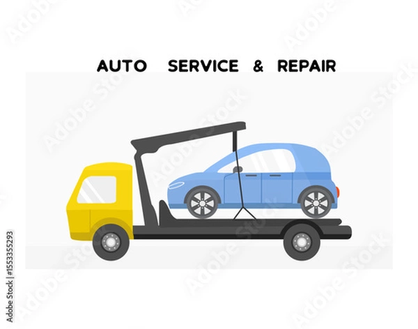 Obraz Tow truck carrying a blue car on white background with text for auto service and repair