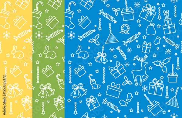 Obraz Christmas holiday pattern with gifts, stockings, and festive symbols on colorful backgrounds