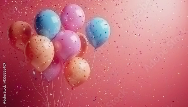 Obraz A festive greeting card animation with colorful balloons floating in the air and swirling confetti on a bright pink background.