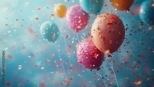Obraz A festive greeting card animation with colorful balloons floating in the air and swirling confetti on a bright pink background.