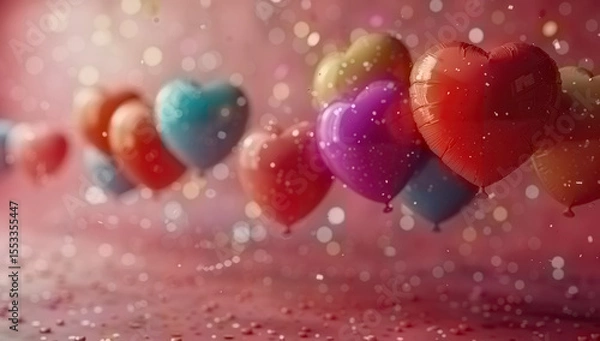 Obraz A festive greeting card animation with colorful balloons floating in the air and swirling confetti on a bright pink background.