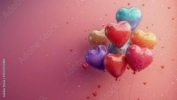 Obraz A festive greeting card animation with colorful balloons floating in the air and swirling confetti on a bright pink background.