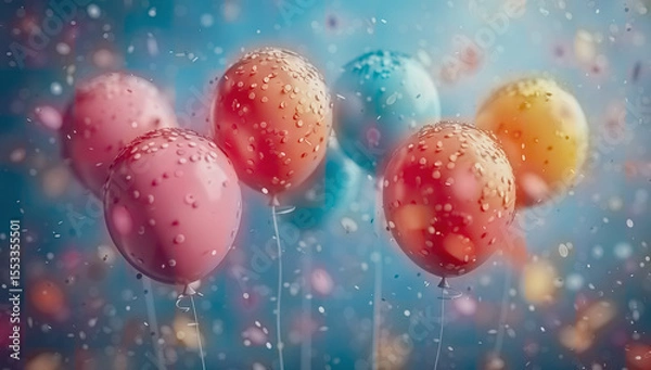 Obraz A festive greeting card animation with colorful balloons floating in the air and swirling confetti on a bright pink background.
