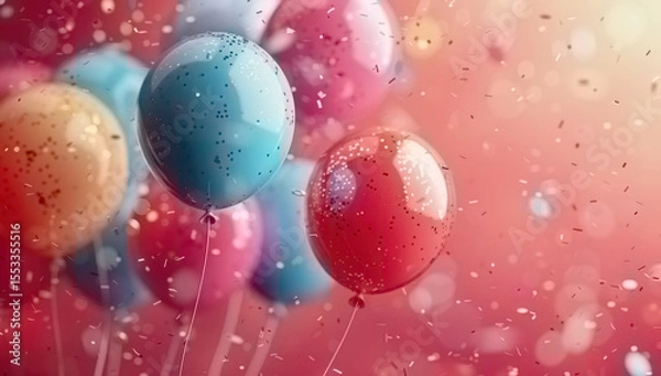 Obraz A festive greeting card animation with colorful balloons floating in the air and swirling confetti on a bright pink background.