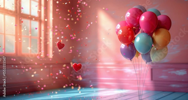 Obraz A festive greeting card animation with colorful balloons floating in the air and swirling confetti on a bright pink background.