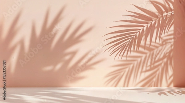 Obraz Blurred shadow from palm leaves on the light pink wall. Minimal abstract background for product presentation. Spring and summer.