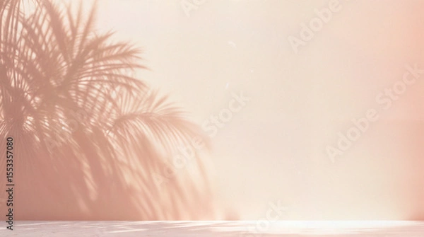 Obraz Blurred shadow from palm leaves on the light pink wall. Minimal abstract background for product presentation. Spring and summer.