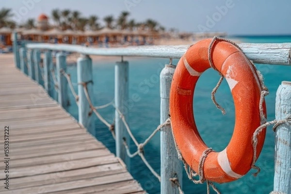 Fototapeta Orange life preserver hung on a pier railing with palm trees and ocean in the background