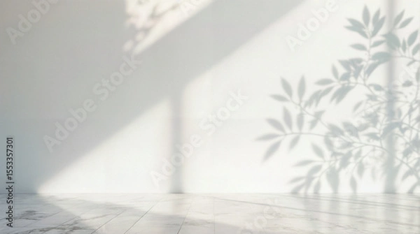 Obraz Minimal abstract light gray background for product presentation. Soft shadow and light from windows on white wall.