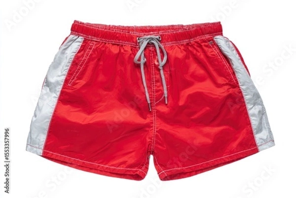Fototapeta Red shorts with gray sides waistband and drawstring on a white background