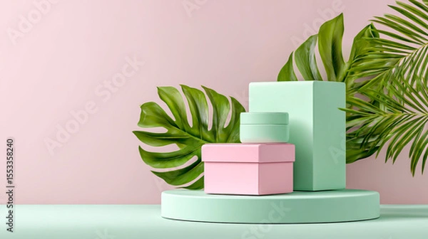 Fototapeta 3D rendering of pastel green and pink plastic boxes on a podium with tropical leaves against a white background