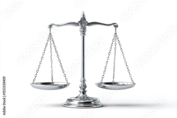 Fototapeta Shiny silver balance scale with hanging pans and a decorative central column set against a white background