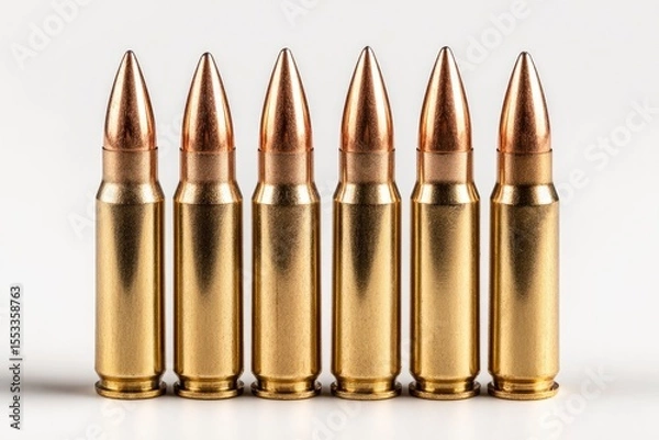 Fototapeta Six bullets stand upright in a row goldcolored and pointed against a white background