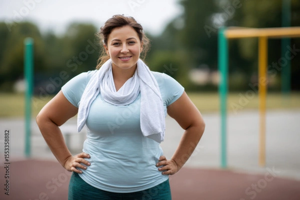 Fototapeta A chubby woman in her thirties poses with confidence, wearing workout attire and a scarf, at a park on a cloudy day