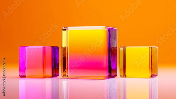 Fototapeta 3D rendering of three cubes of different sizes made from transparent glass, with a gradient color between pink and yellow on the surface