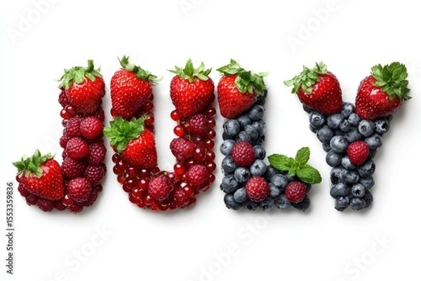 Fototapeta The word JULY is spelled out with various red berries and blueberries on a white background