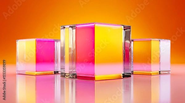 Fototapeta 3D rendering of three cubes of different sizes made from transparent glass, with a gradient color between pink and yellow on the surface