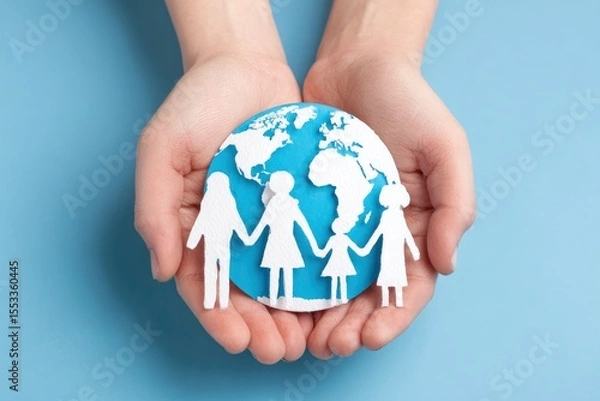 Fototapeta Two hands cradle a blue paper globe with white continents Four paper cutout figures resembling a family stand in front of the globe holding hands