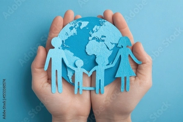Fototapeta Two hands cradle a blue papercut family of 5 and a globe against a blue background