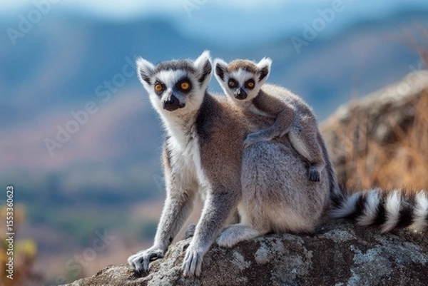 Fototapeta Two lemurs an adult and a baby sit on a rock in a blurry mountain setting The adult supports the baby on its back both staring ahead