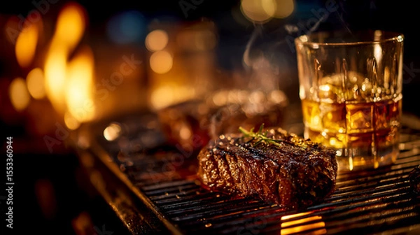 Fototapeta A close-up of a grill with flames and two glasses on it, a meat steak, and a glass of whiskey against a white background