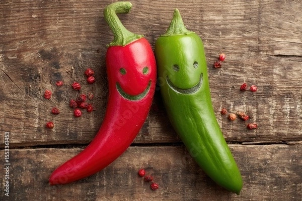 Fototapeta Two peppers red and green with carved smiley faces sit on rustic wood surrounded by small red berries